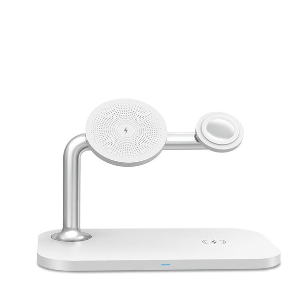 Magnetic 3-in-1 Wireless Charger for phone, smartwatch, and earbuds with sleek black stand and fast 9V output, ideal for men's tech accessories.