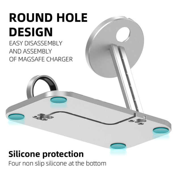 Alloy Storage Base Data Cable Accessories Watch Charging Stand with magnetic phone mount and Apple Watch dock, ideal for desktop use.