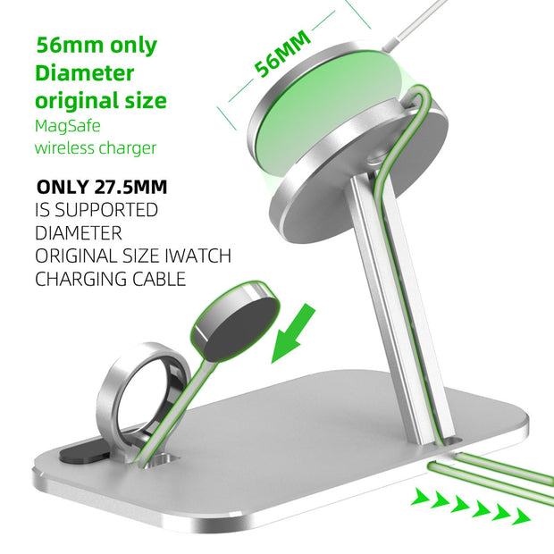 Alloy Storage Base Data Cable Accessories Watch Charging Stand with magnetic phone mount and Apple Watch dock, ideal for desktop use.