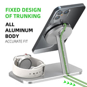 Alloy Storage Base Data Cable Accessories Watch Charging Stand with magnetic phone mount and Apple Watch dock, ideal for desktop use.