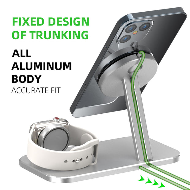 Alloy Storage Base Data Cable Accessories Watch Charging Stand with magnetic phone mount and Apple Watch dock, ideal for desktop use.