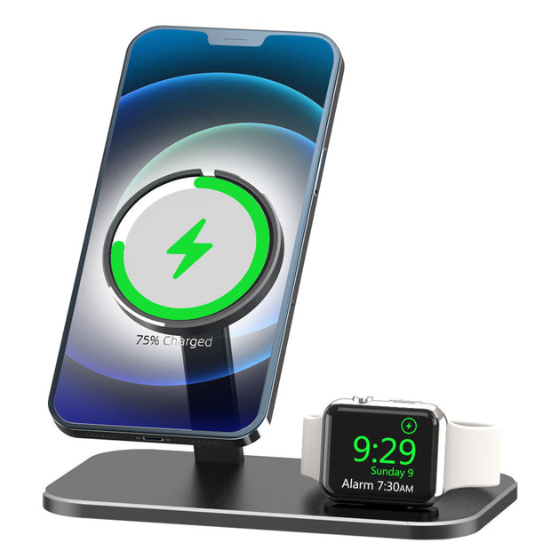 Alloy Storage Base Data Cable Accessories Watch Charging Stand with magnetic phone mount and Apple Watch dock, ideal for desktop use.