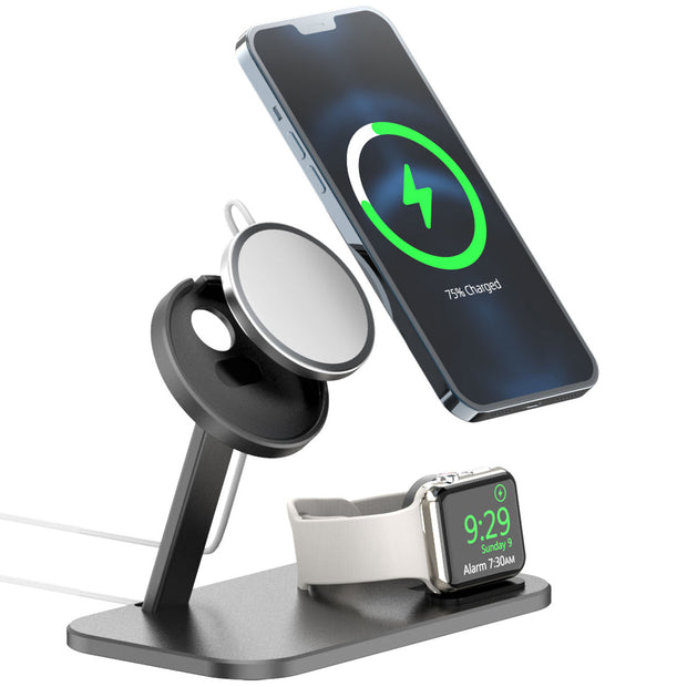 Alloy Storage Base Data Cable Accessories Watch Charging Stand with magnetic phone mount and Apple Watch dock, ideal for desktop use.