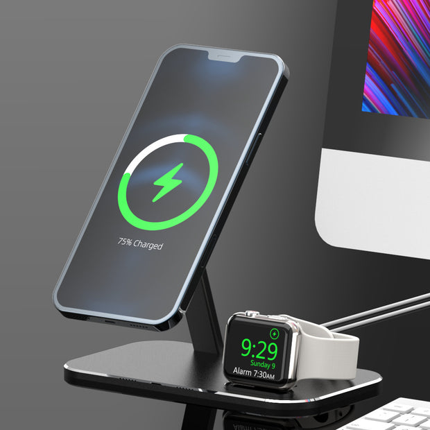 Alloy Storage Base Data Cable Accessories Watch Charging Stand with magnetic phone mount and Apple Watch dock, ideal for desktop use.
