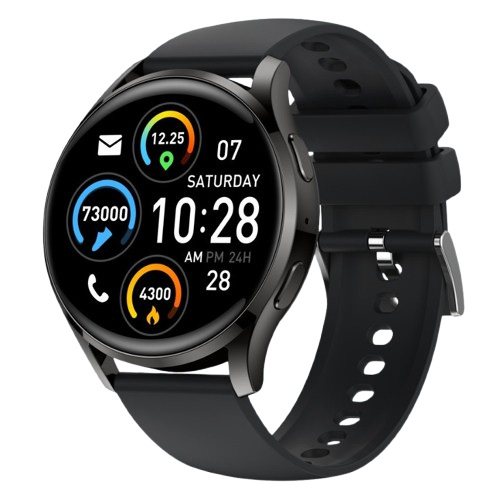 Heart Rate Smart Watch with black silicone strap displaying time, heart rate, steps, and calories burned. Ideal for fitness tracking and health monitoring.