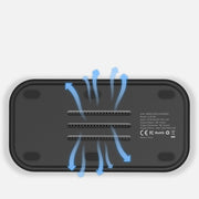 Magnetic 3-in-1 Wireless Charger for phone, smartwatch, and earbuds with sleek black stand and fast 9V output, ideal for men's tech accessories.