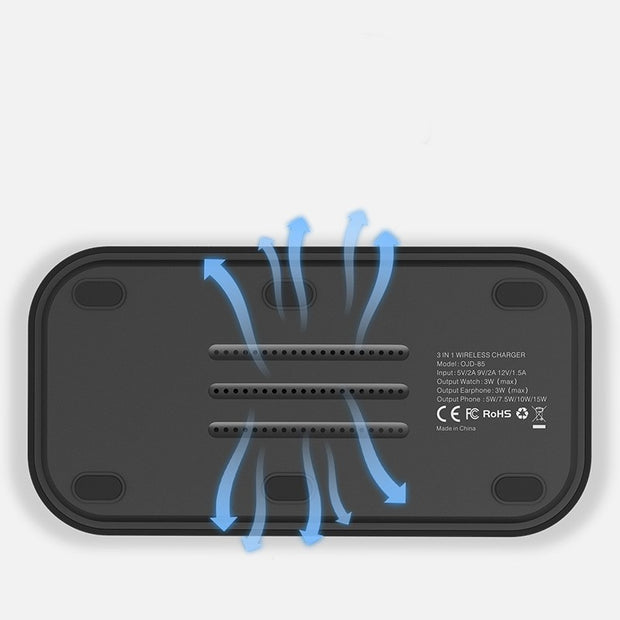 Magnetic 3-in-1 Wireless Charger for phone, smartwatch, and earbuds with sleek black stand and fast 9V output, ideal for men's tech accessories.