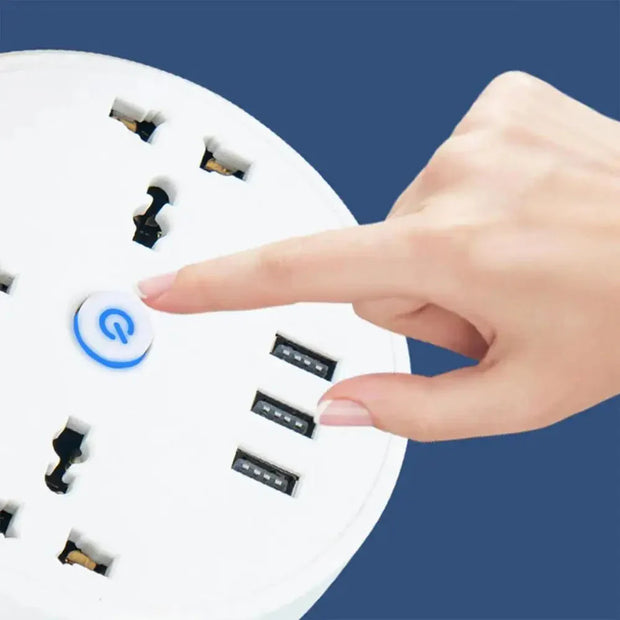 EU Plug AC Outlet Smart Home Power Strip with round design, multiple universal sockets, USB ports, and fast charging for phones and devices.