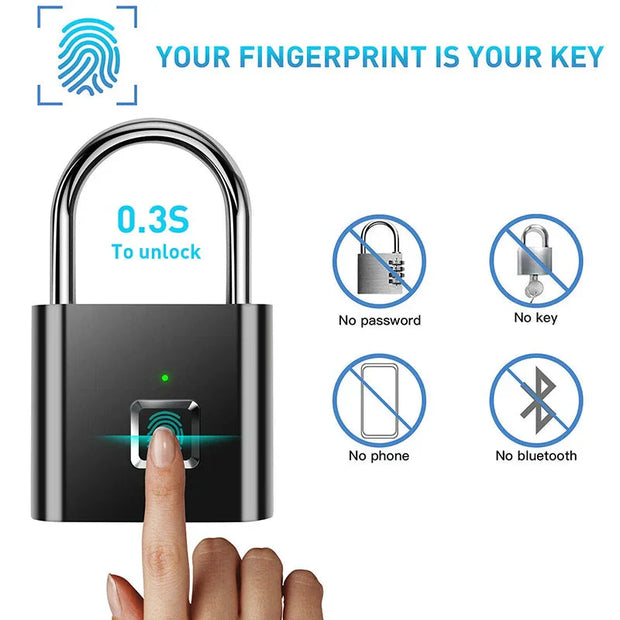 Smart Fingerprint Padlock - Keyless Security | Biometric, Rechargeable padlock with fingerprint sensor, supports 10 fingerprints and fast unlock.