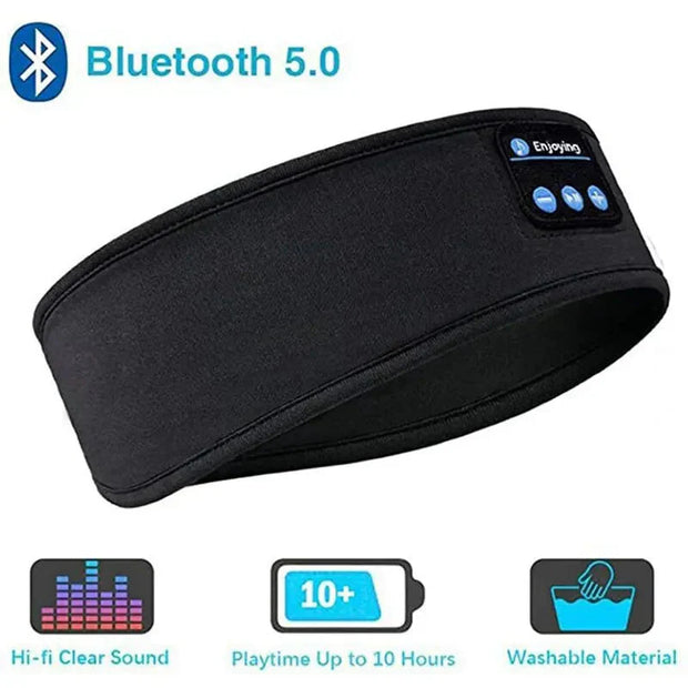 Bluetooth Sleep Headband with built-in wireless headphones and speakers, featuring Bluetooth 5.0, 10-hour battery life, and washable fabric.