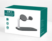Magnetic 3-in-1 Wireless Charger for phone, smartwatch, and earbuds with sleek black stand and fast 9V output, ideal for men's tech accessories.