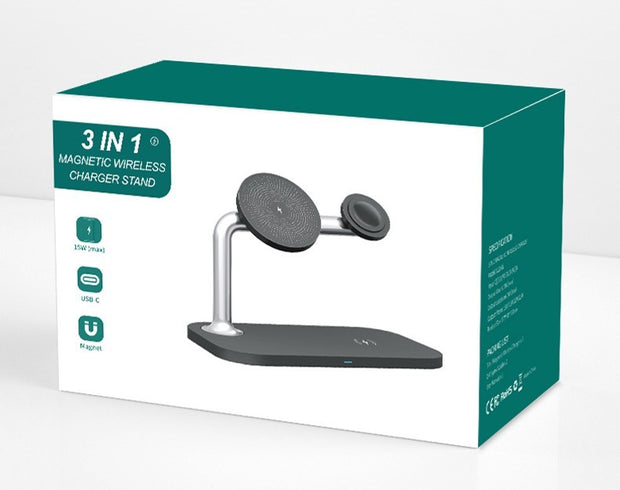 Magnetic 3-in-1 Wireless Charger for phone, smartwatch, and earbuds with sleek black stand and fast 9V output, ideal for men's tech accessories.