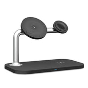 Magnetic 3-in-1 Wireless Charger for phone, smartwatch, and earbuds with sleek black stand and fast 9V output, ideal for men's tech accessories.