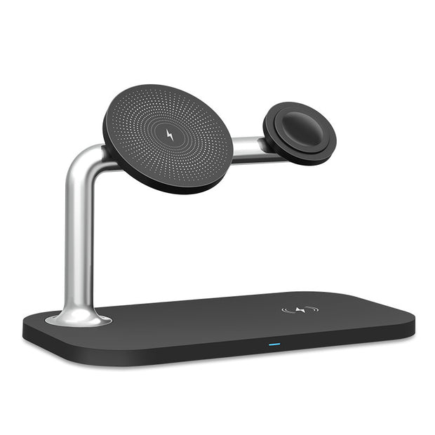 Magnetic 3-in-1 Wireless Charger for phone, smartwatch, and earbuds with sleek black stand and fast 9V output, ideal for men's tech accessories.