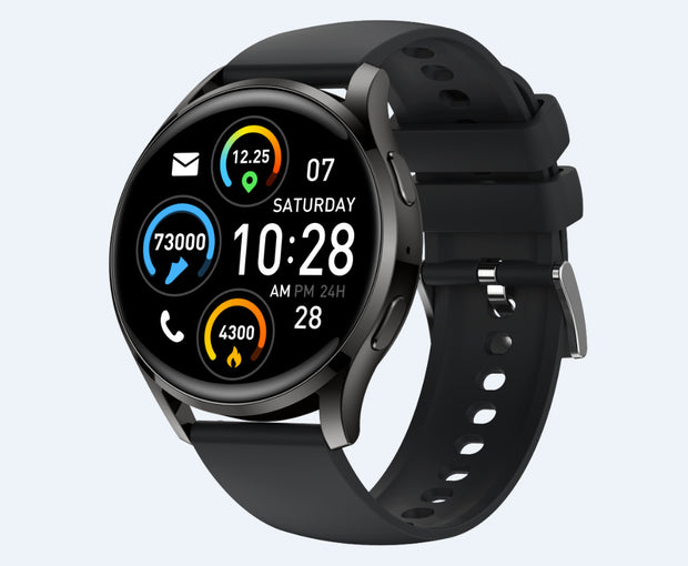 Heart Rate Smart Watch with black silicone strap displaying time, heart rate, steps, and calories burned. Ideal for fitness tracking and health monitoring.