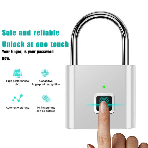 Smart Fingerprint Padlock - Keyless Security | Biometric, Rechargeable padlock with fingerprint sensor, supports 10 fingerprints and fast unlock.