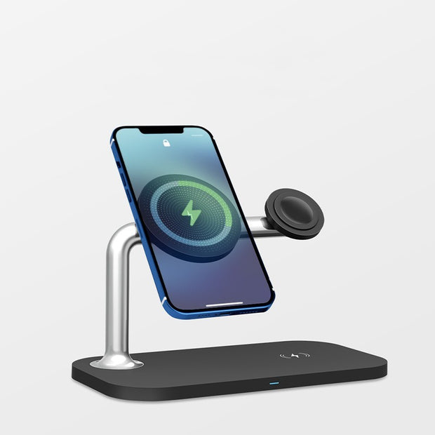 Magnetic 3-in-1 Wireless Charger for phone, smartwatch, and earbuds with sleek black stand and fast 9V output, ideal for men's tech accessories.