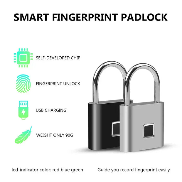 Smart Fingerprint Padlock - Keyless Security | Biometric, Rechargeable padlock with fingerprint sensor, supports 10 fingerprints and fast unlock.