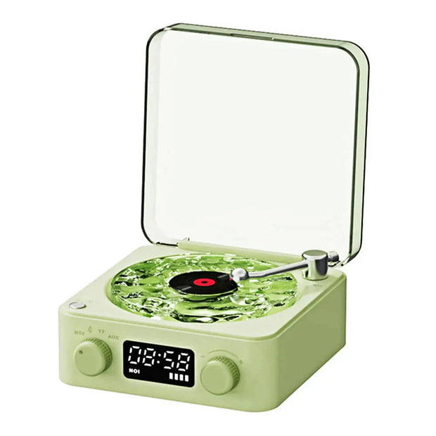 Mini Retro Speaker - White Noise Bluetooth with turntable design and digital clock display, ideal for portable sound and vintage decor.