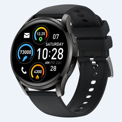 Heart Rate Smart Watch with black silicone strap displaying time, heart rate, steps, and calories burned. Ideal for fitness tracking and health monitoring.