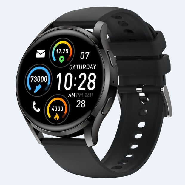 Heart Rate Smart Watch with black silicone strap displaying time, heart rate, steps, and calories burned. Ideal for fitness tracking and health monitoring.