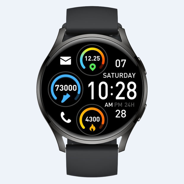 Heart Rate Smart Watch with black silicone strap displaying time, heart rate, steps, and calories burned. Ideal for fitness tracking and health monitoring.