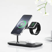 Magnetic 3-in-1 Wireless Charger for phone, smartwatch, and earbuds with sleek black stand and fast 9V output, ideal for men's tech accessories.
