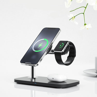 Magnetic 3-in-1 Wireless Charger for phone, smartwatch, and earbuds with sleek black stand and fast 9V output, ideal for men's tech accessories.