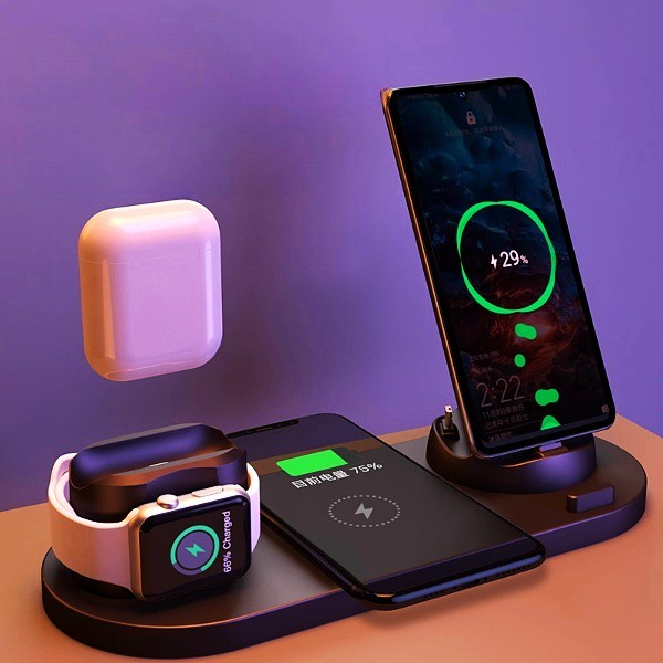 Wireless Charger For iPhone Fast Charger For Phone Fast Charging Pad with 6 in 1 Dock Station charging iPhone, Apple Watch, and AirPods simultaneously.