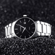 Luxury Analog Business Wristwatch with black dial and silver stainless steel band, ideal for men's fashion and formal wear.