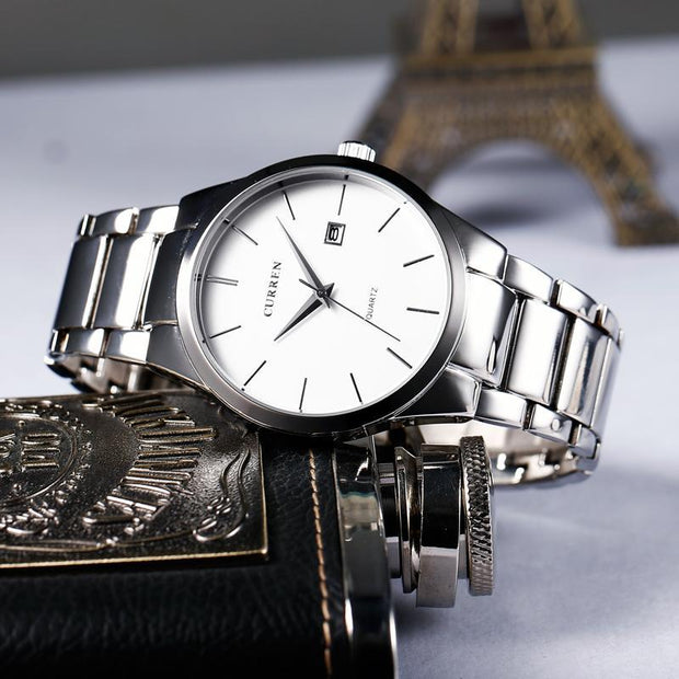 Luxury Analog Business Wristwatch with black dial and silver stainless steel band, ideal for men's fashion and formal wear.