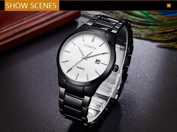 Luxury Analog Business Wristwatch with black dial and silver stainless steel band, ideal for men's fashion and formal wear.