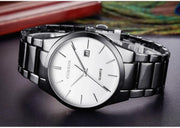 Luxury Analog Business Wristwatch with black dial and silver stainless steel band, ideal for men's fashion and formal wear.