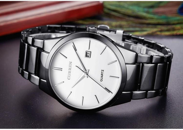 Luxury Analog Business Wristwatch with black dial and silver stainless steel band, ideal for men's fashion and formal wear.