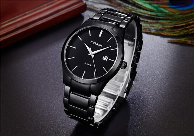 Luxury Analog Business Wristwatch with black dial and silver stainless steel band, ideal for men's fashion and formal wear.