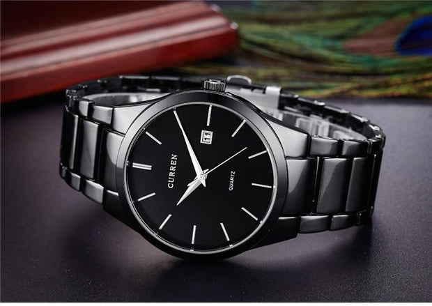 Luxury Analog Business Wristwatch with black dial and silver stainless steel band, ideal for men's fashion and formal wear.