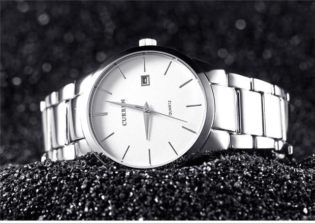 Luxury Analog Business Wristwatch with black dial and silver stainless steel band, ideal for men's fashion and formal wear.