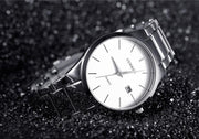 Luxury Analog Business Wristwatch with black dial and silver stainless steel band, ideal for men's fashion and formal wear.
