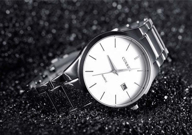 Luxury Analog Business Wristwatch with black dial and silver stainless steel band, ideal for men's fashion and formal wear.