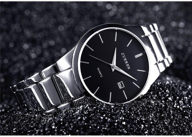 Luxury Analog Business Wristwatch with black dial and silver stainless steel band, ideal for men's fashion and formal wear.